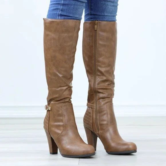 Tan Below The Knee Faux Leather Boots Round Toe Classy Cone Heeled - Picture 2 of 14